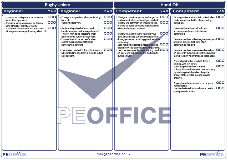 Rugby Union Hand Off Assessment Sheet PE Office